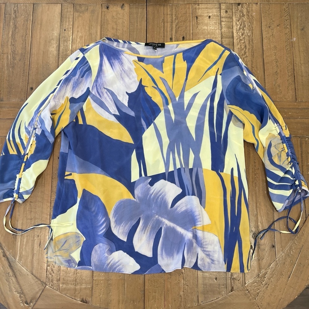 Lafayette 148 Tropical Silk Blouse Women’s Medium Tie Sleeve Blue Yellow Floral